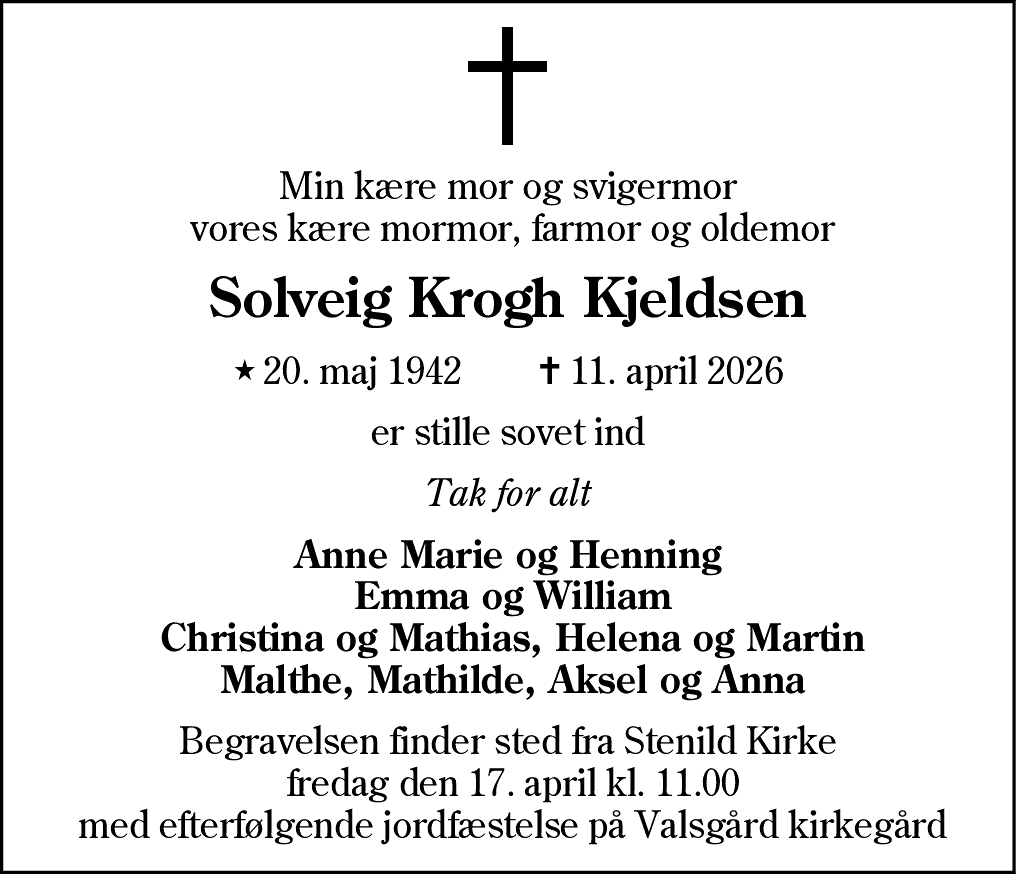 Dødsannonce for Solveig Krogh Kjeldsen