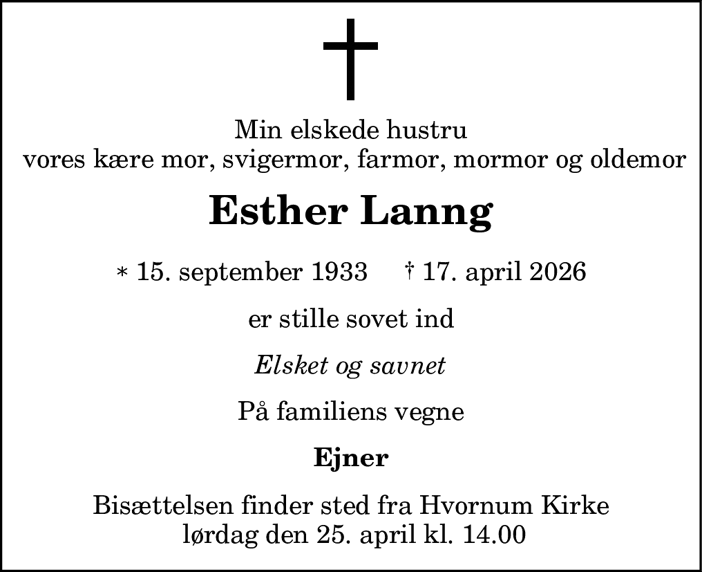 Dødsannonce for Esther Lanng