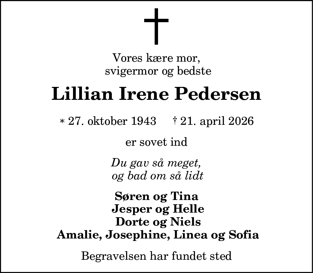 Dødsannonce for Lillian Irene Pedersen