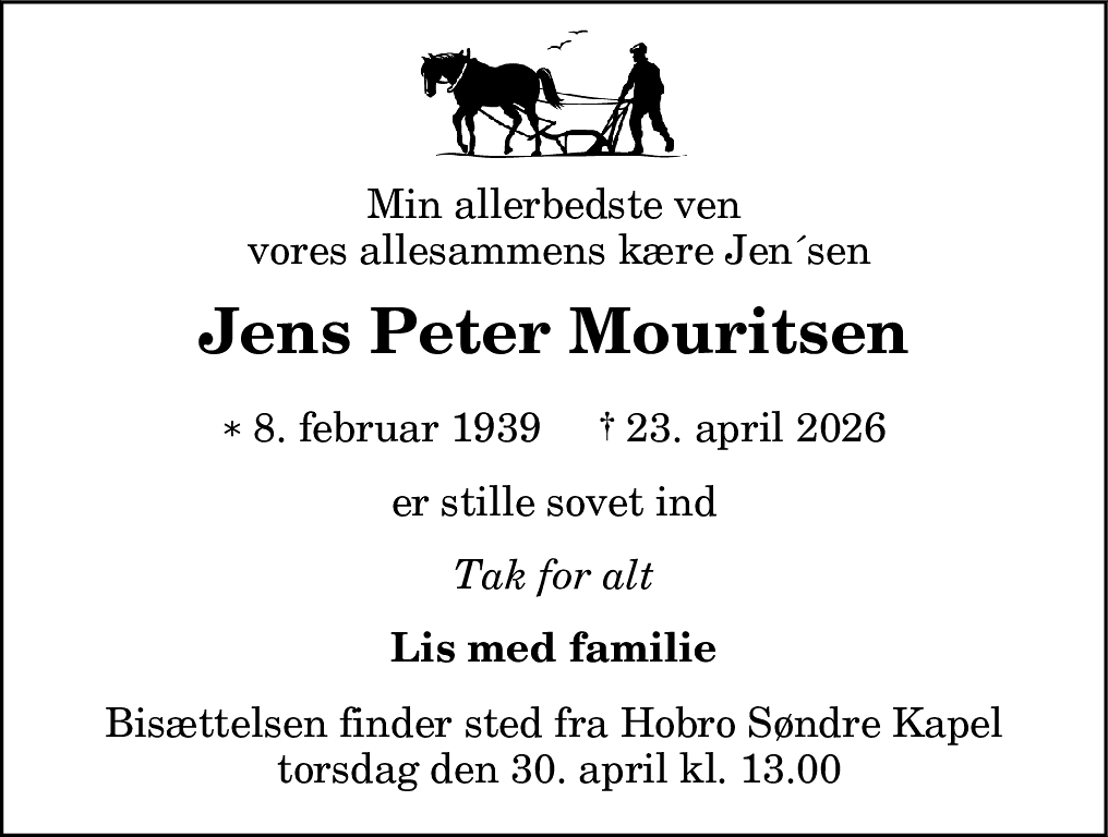 Dødsannonce for Jens Peter Mouritsen