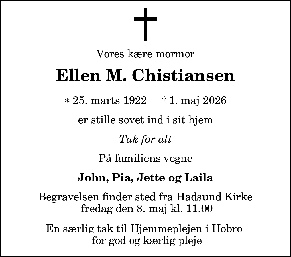 Dødsannonce for Ellen Marie Kristiansen