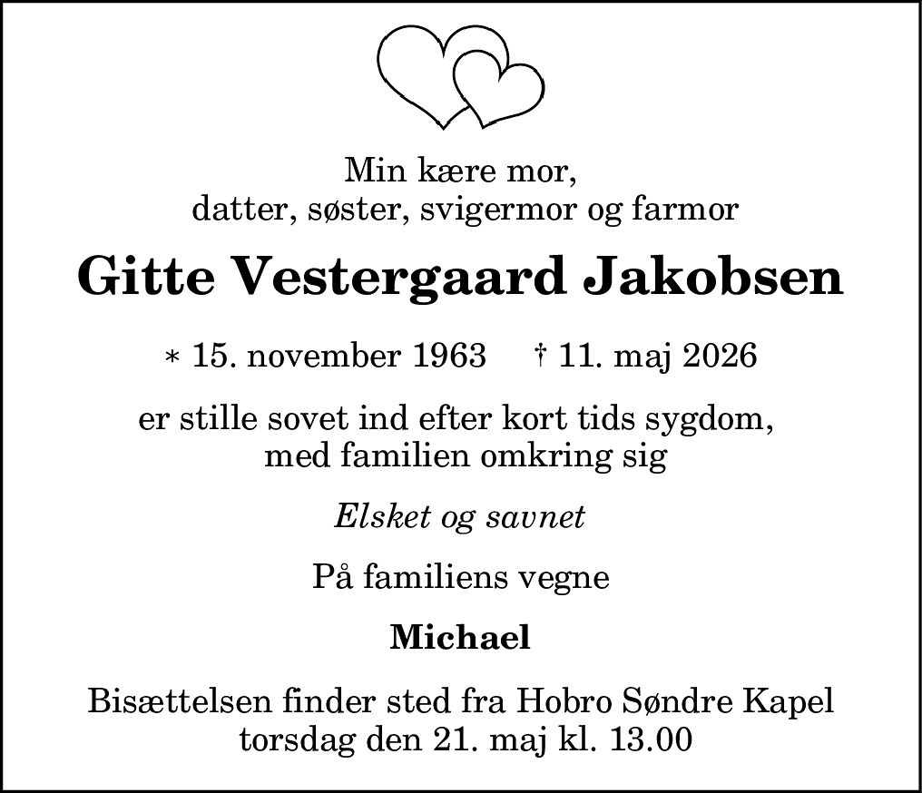 Dødsannonce for Gitte Vestergaard Jakobsen