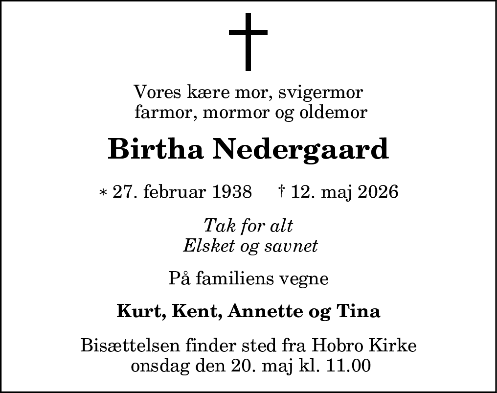 Dødsannonce for Birtha Nedergaard