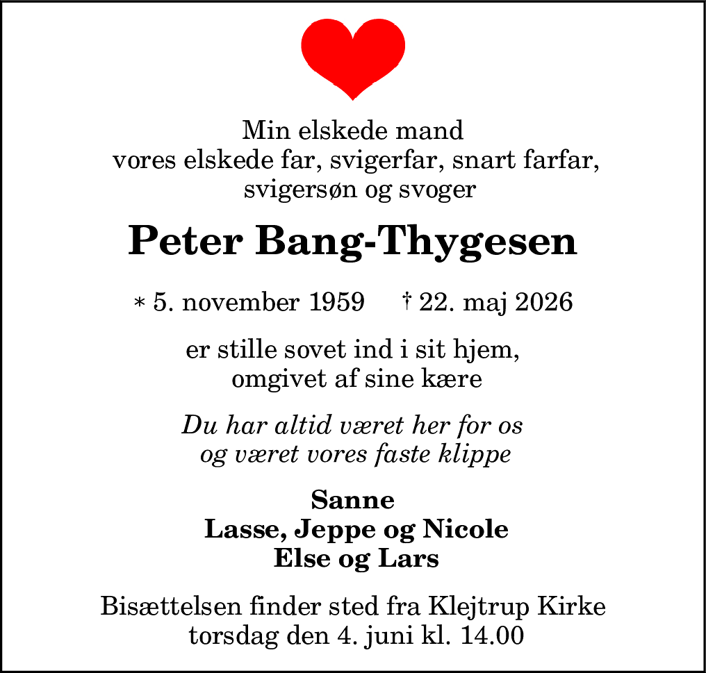 Dødsannonce for Peter Bang-Thygesen
