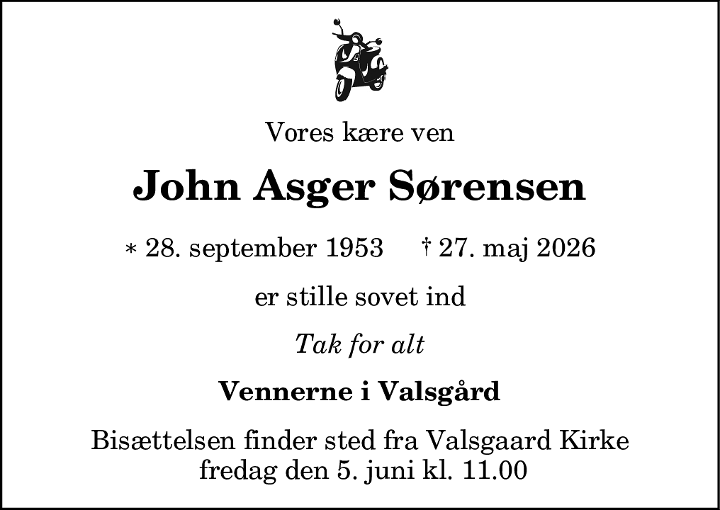 Dødsannonce for John Asger Sørensen