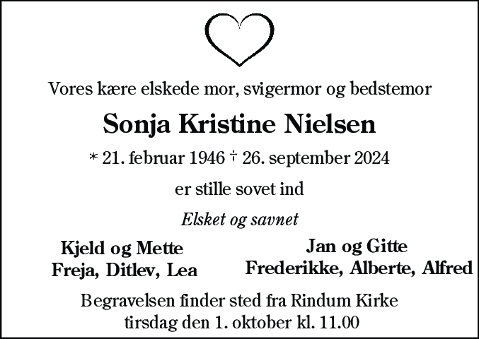 Dødsannonce for Sonja Kristine Nielsen