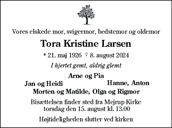 Dødsannonce for Tora Kristine Larsen
