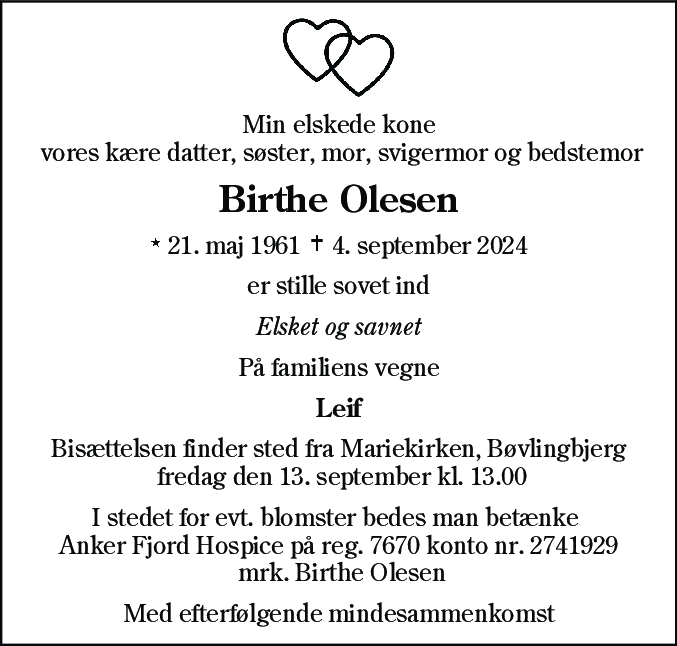 Dødsannonce for Birthe Olesen