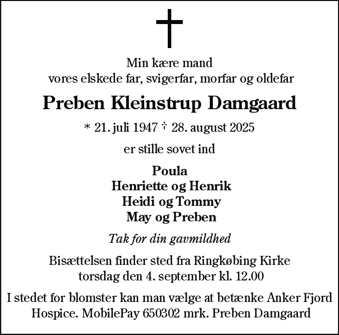 Dødsannonce for Preben Kleinstrup Damgaard