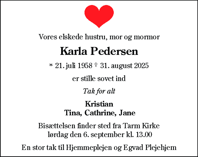 Dødsannonce for Karla Pedersen
