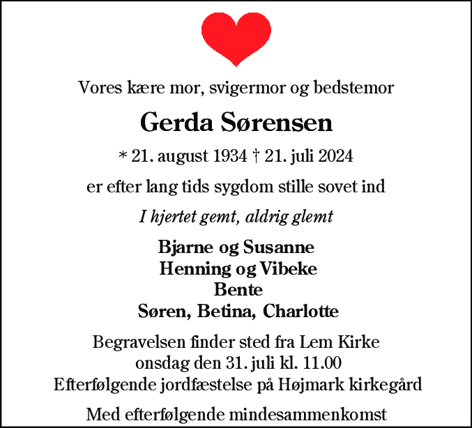 Dødsannonce for Gerda Sørensen