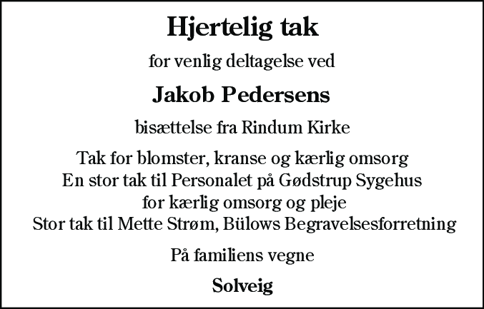 Dødsannonce for Jakob Pedersen