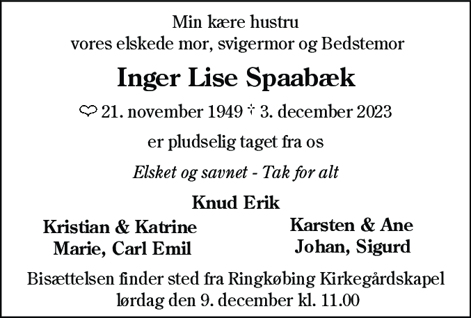 Dødsannonce for Inger Lise Spaabæk