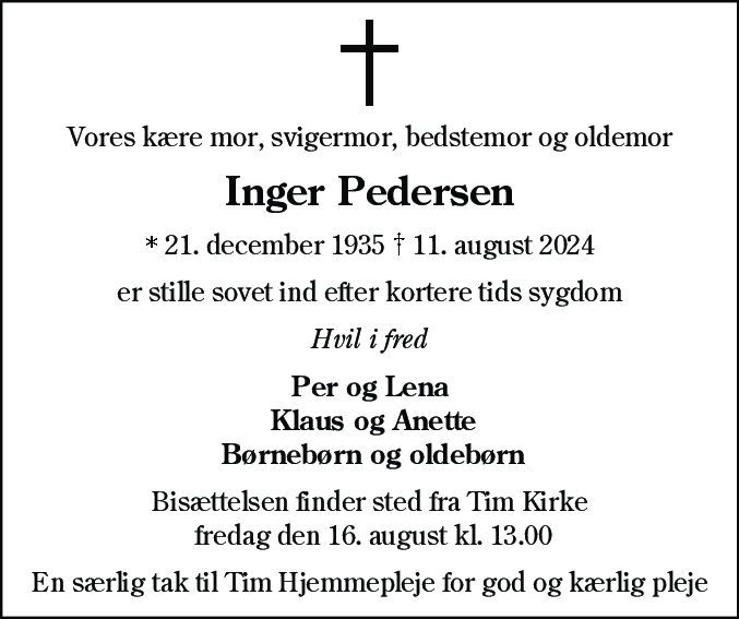 Dødsannonce for Inger Pedersen