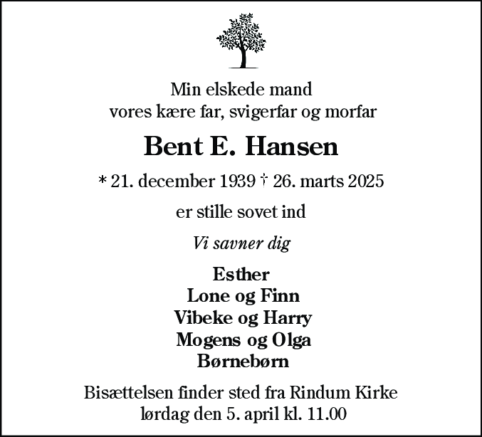 Dødsannonce for Bent E. Hansen