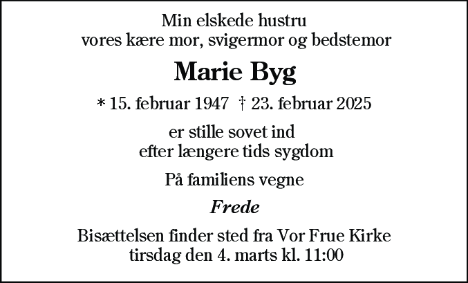 Dødsannonce for Marie Byg