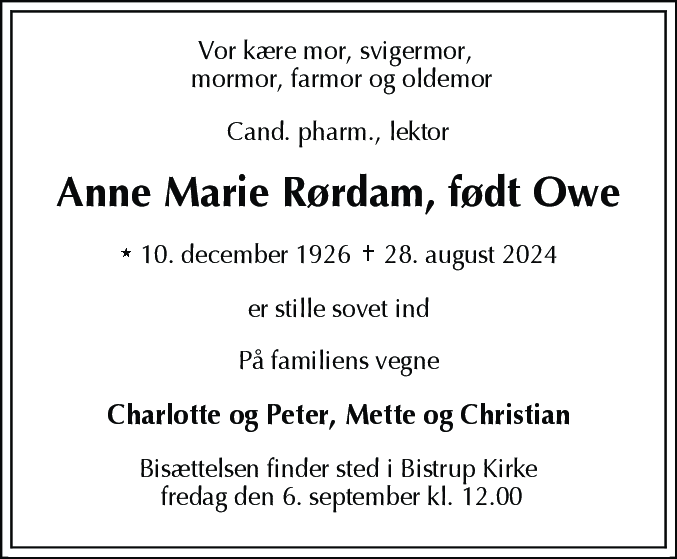 Dødsannonce for Anne Marie Rørdam