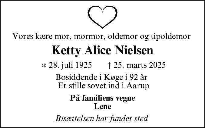 Dødsannonce for Ketty Alice Nielsen
