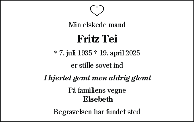 Dødsannonce for Fritz Tei