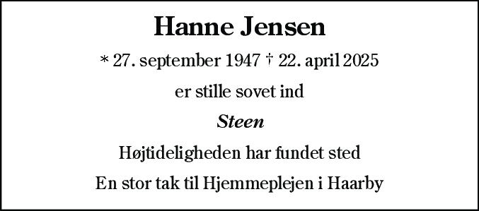 Dødsannonce for Hanne Jensen