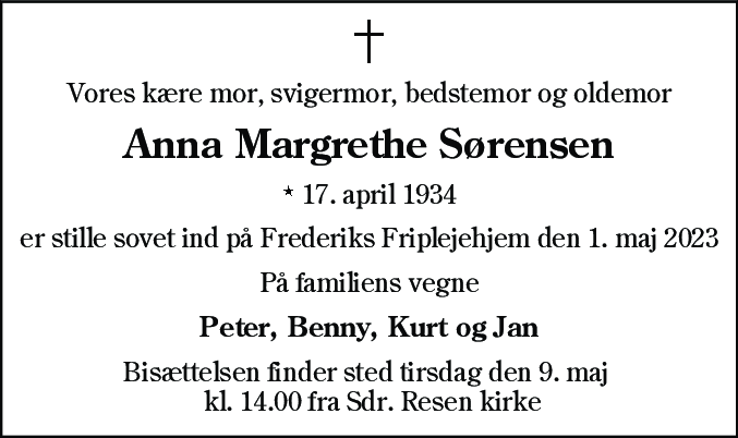 Dødsannonce for Anna Margrethe Sørensen