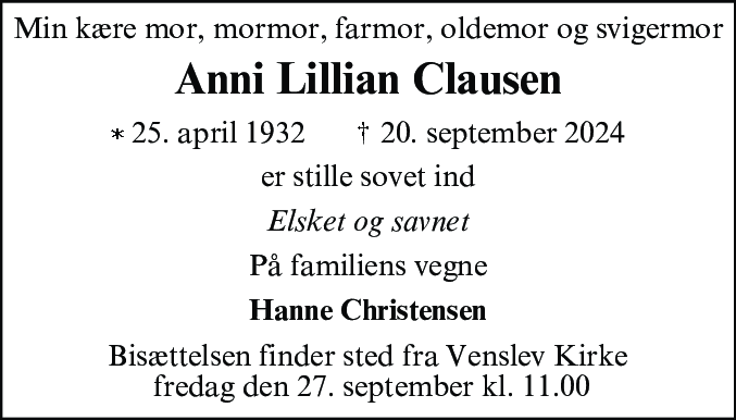 Dødsannonce for Anni Lillian Clausen
