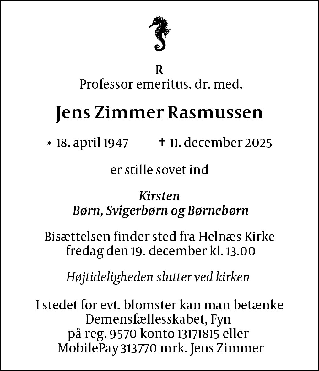 Dødsannonce for Jens Zimmer Rasmussen