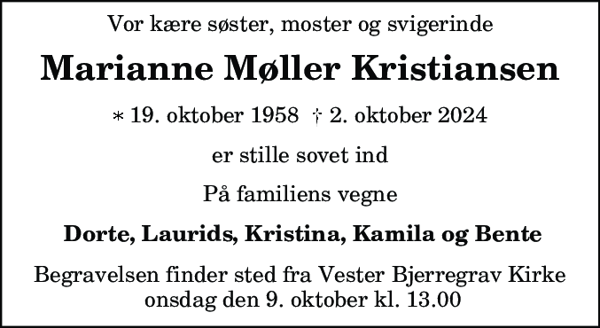 Dødsannonce for Marianne Møller Kristiansen