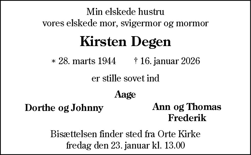 Dødsannonce for Kirsten Degen