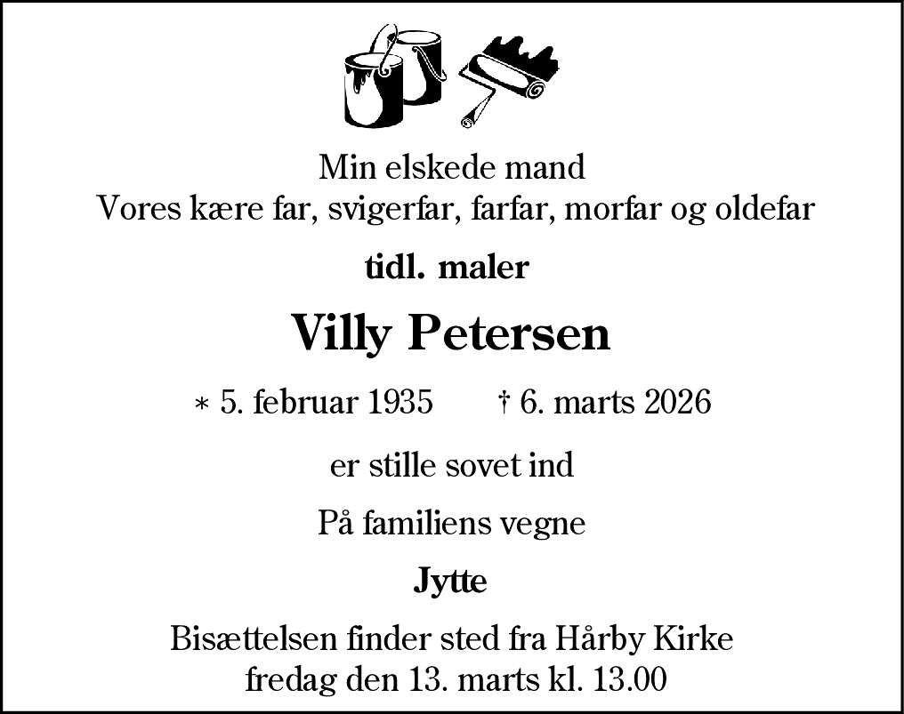 Dødsannonce for Villy Petersen