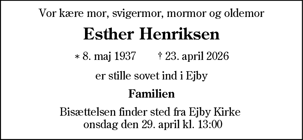 Dødsannonce for Esther Henriksen