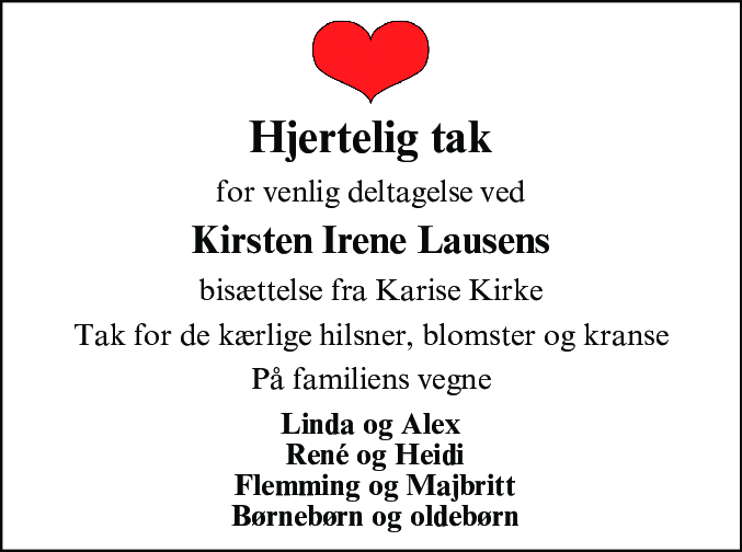 Dødsannonce for Kirsten Irene Lausen