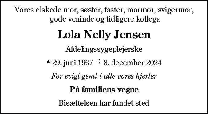 Dødsannonce for Lola Nelly Jensen
