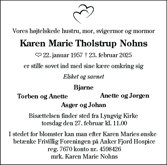 Dødsannonce for Karen Marie Tholstrup Nohns