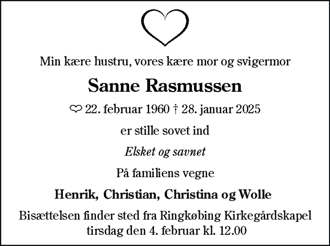 Dødsannonce for Sanne Rasmussen