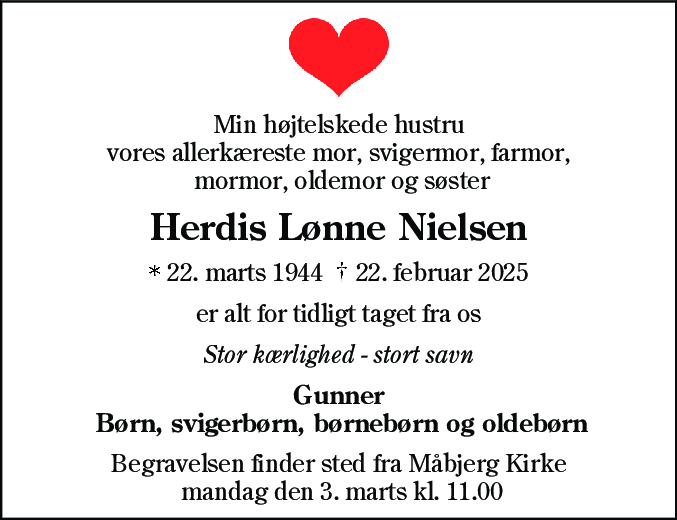 Dødsannonce for Herdis Lønne Nielsen