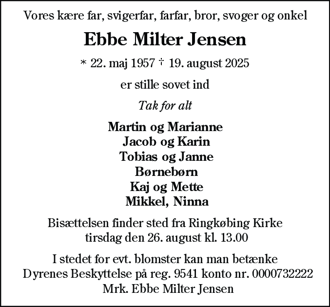 Dødsannonce for Ebbe Milter Jensen