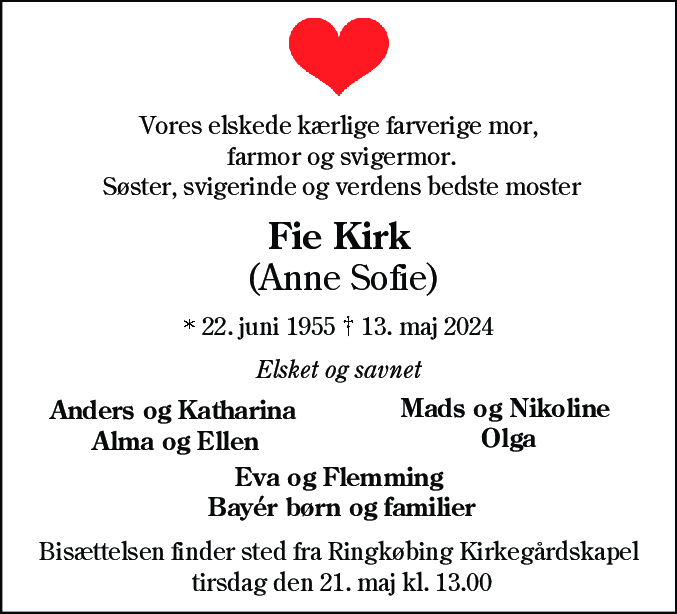 Dødsannonce for Fie Kirk