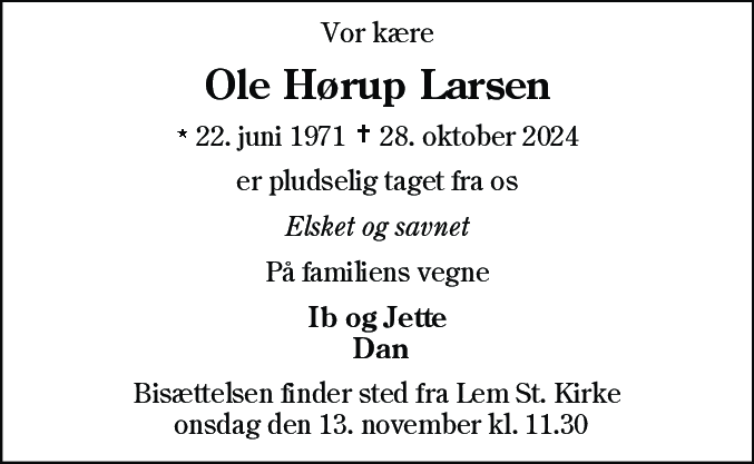 Dødsannonce for Ole Hørup Larsen