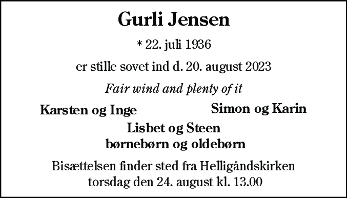 Dødsannonce for Gurli Jensen