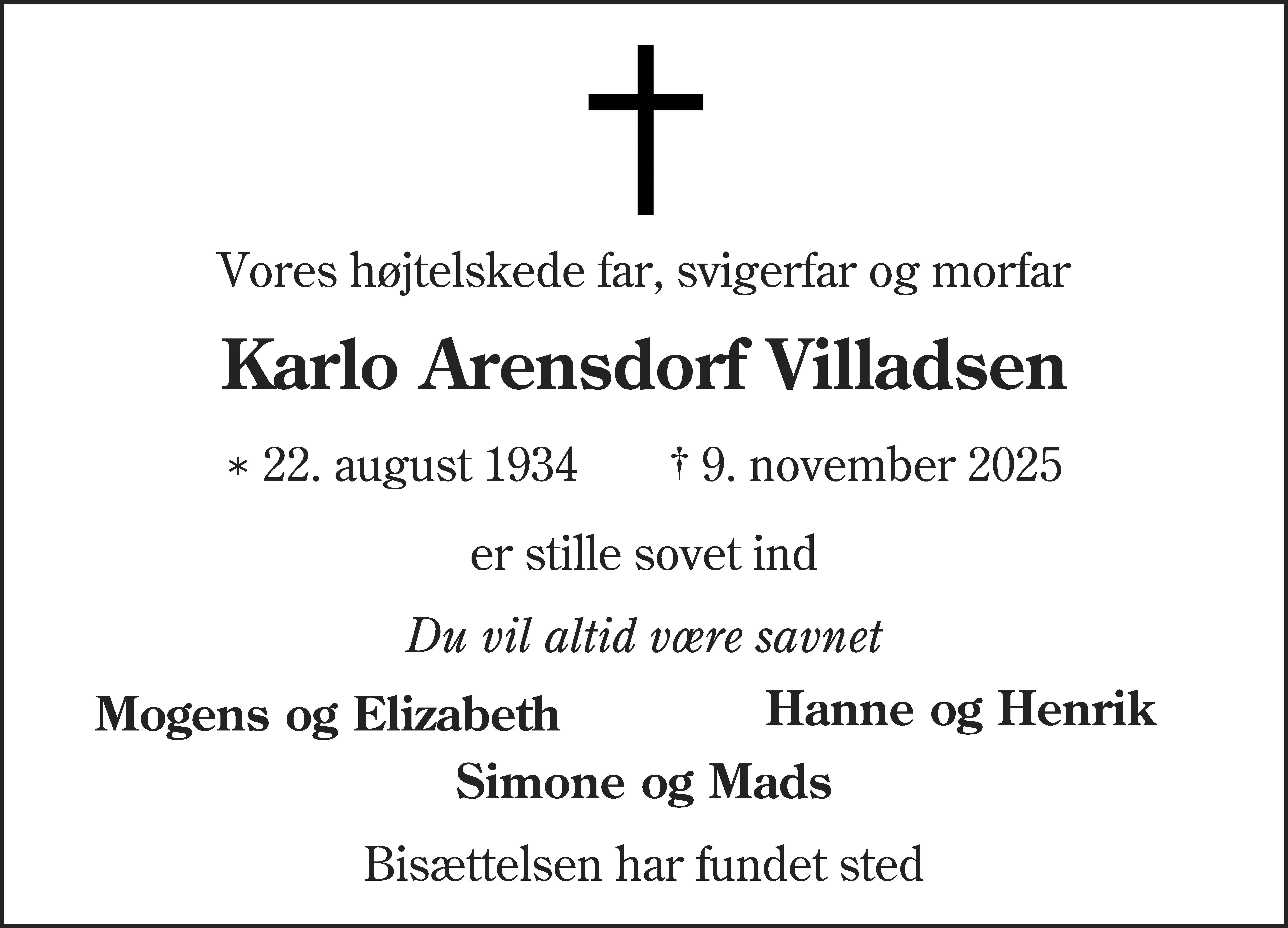 Dødsannonce for Karlo Arensdorf Villadsen