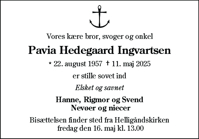 Dødsannonce for Pavia Hedegaard Ingvartsen