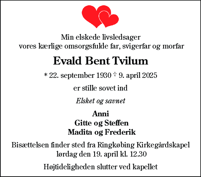 Dødsannonce for Evald Bent Tvilum