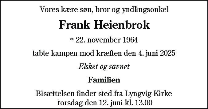 Dødsannonce for Frank Heienbrok