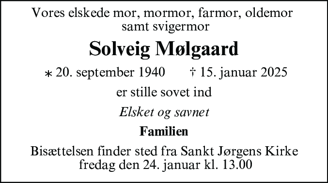 Dødsannonce for Solveig Mølgaard