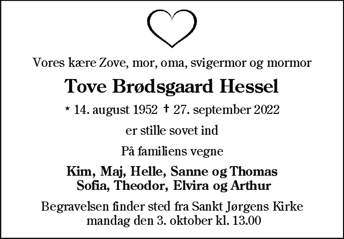 Dødsannonce for Tove Brødsgaard Hessel