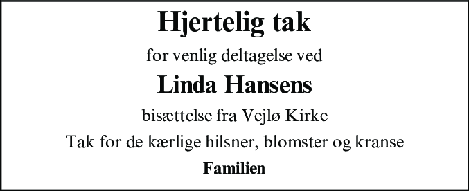 Dødsannonce for Linda Hansen