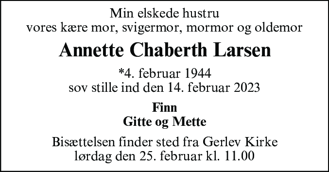 Dødsannonce for Annette Chaberth Larsen