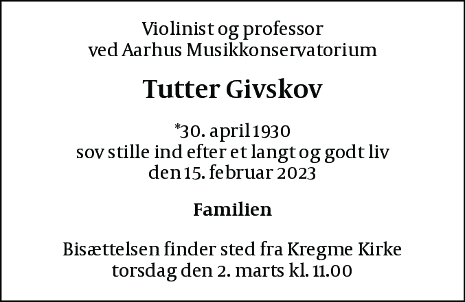 Dødsannonce for Tutter Givskov