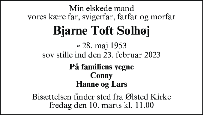 Dødsannonce for Bjarne Toft Solhøj